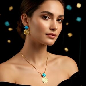 Gold Stainless Steel Turquoise Jewelry Set Textured Pendant Necklace Earrings